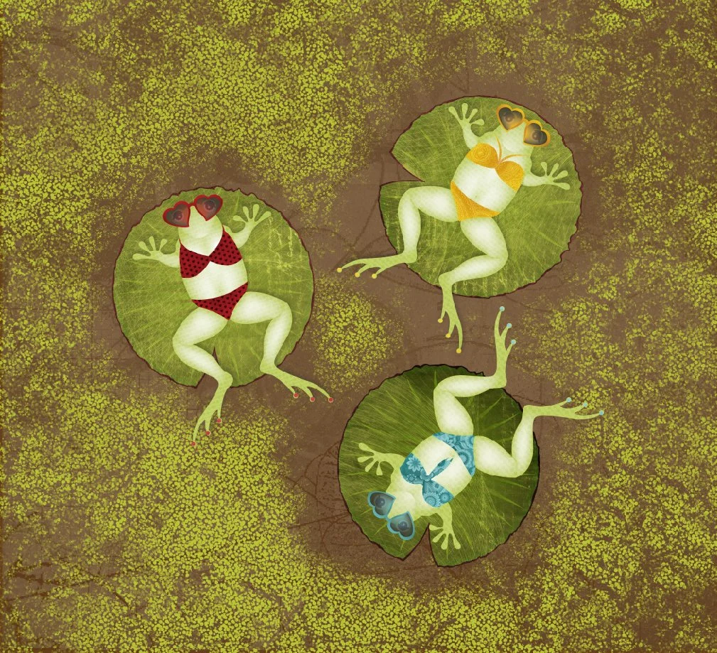 three frogs in bikinis and sunglasses sunning themselves on lily pads