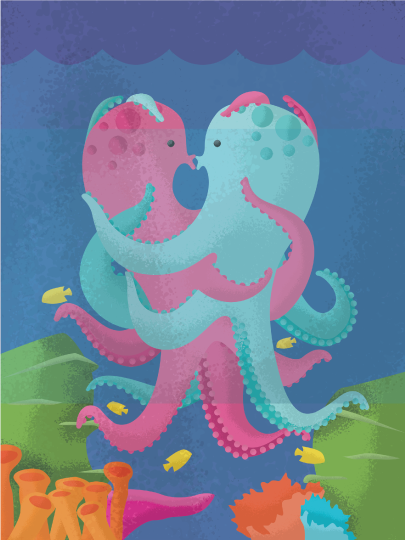 two octopi tangled in a kiss