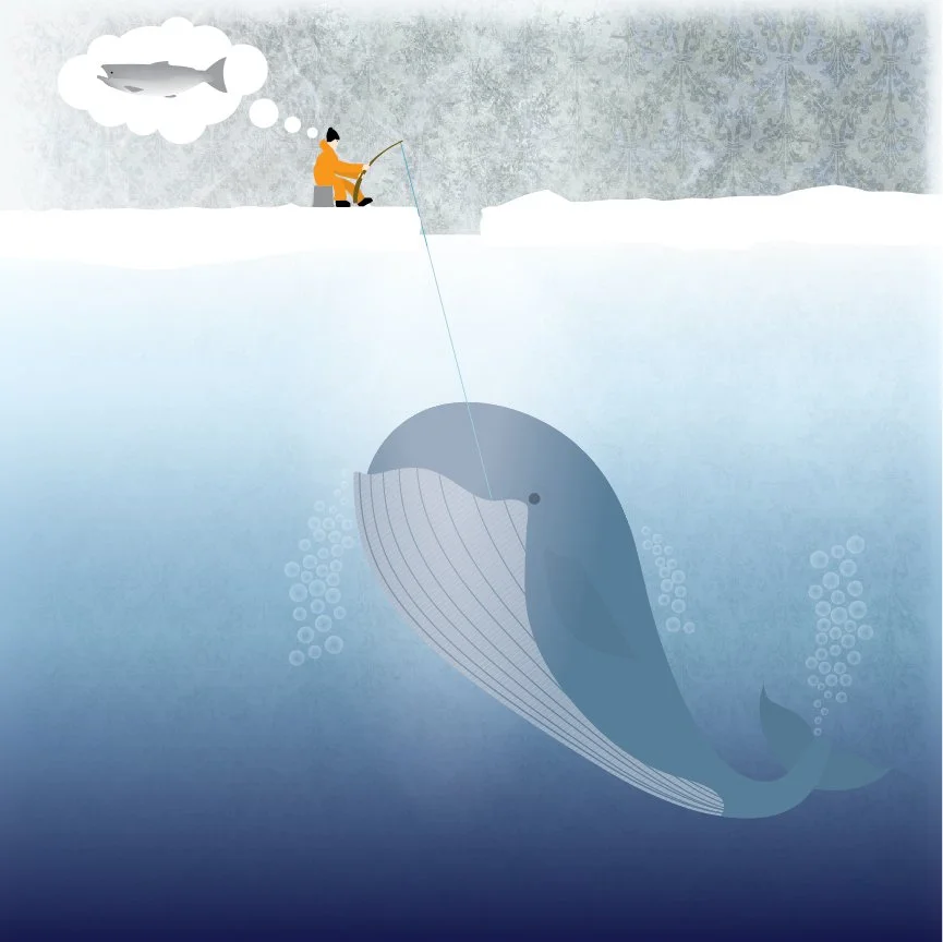a man ice fishing who thinks he's got a big fish on the hook but it's actually a whale