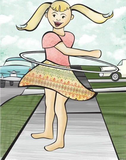 50s style illustration of a little girl hula hooping outside on the sidewalk