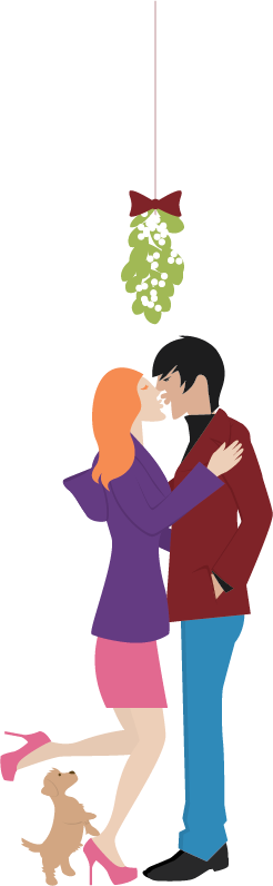 a couple kissing under mistletoe and a little puppy is underfoot