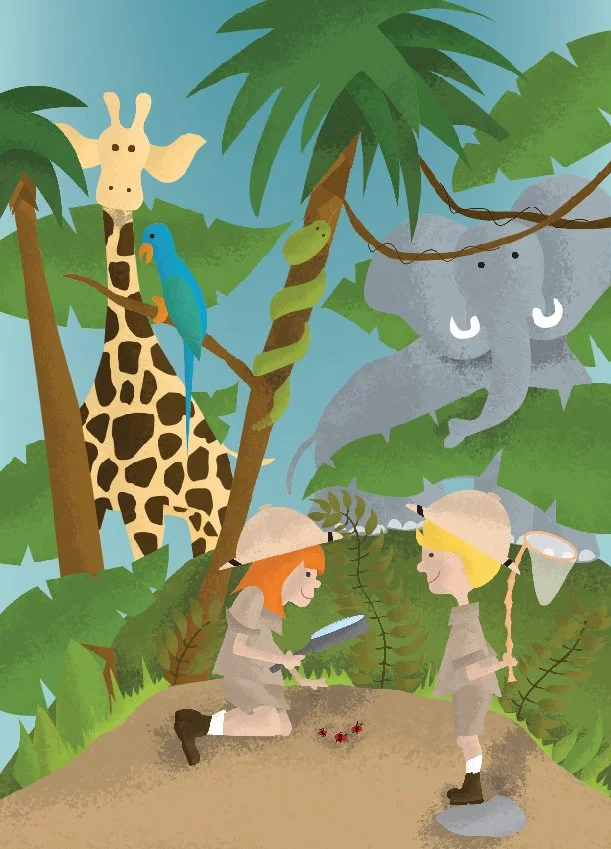 little boy and girl in the jungle with a magnifying glass and a net with a giraffe and elephant hiding in the foliage behind them