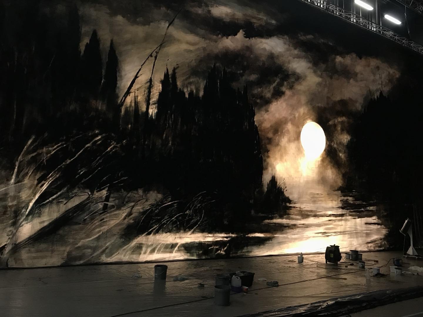 To celebrate the opening of the third revival of Liam Scarlett&rsquo;s Swan Lake at the ROH .
I just found this picture of the day we finished the Act 2 backcloth with back light at the ROH workshops in Purfleet in 2017 
#paintworkshopROH 
# royalBal