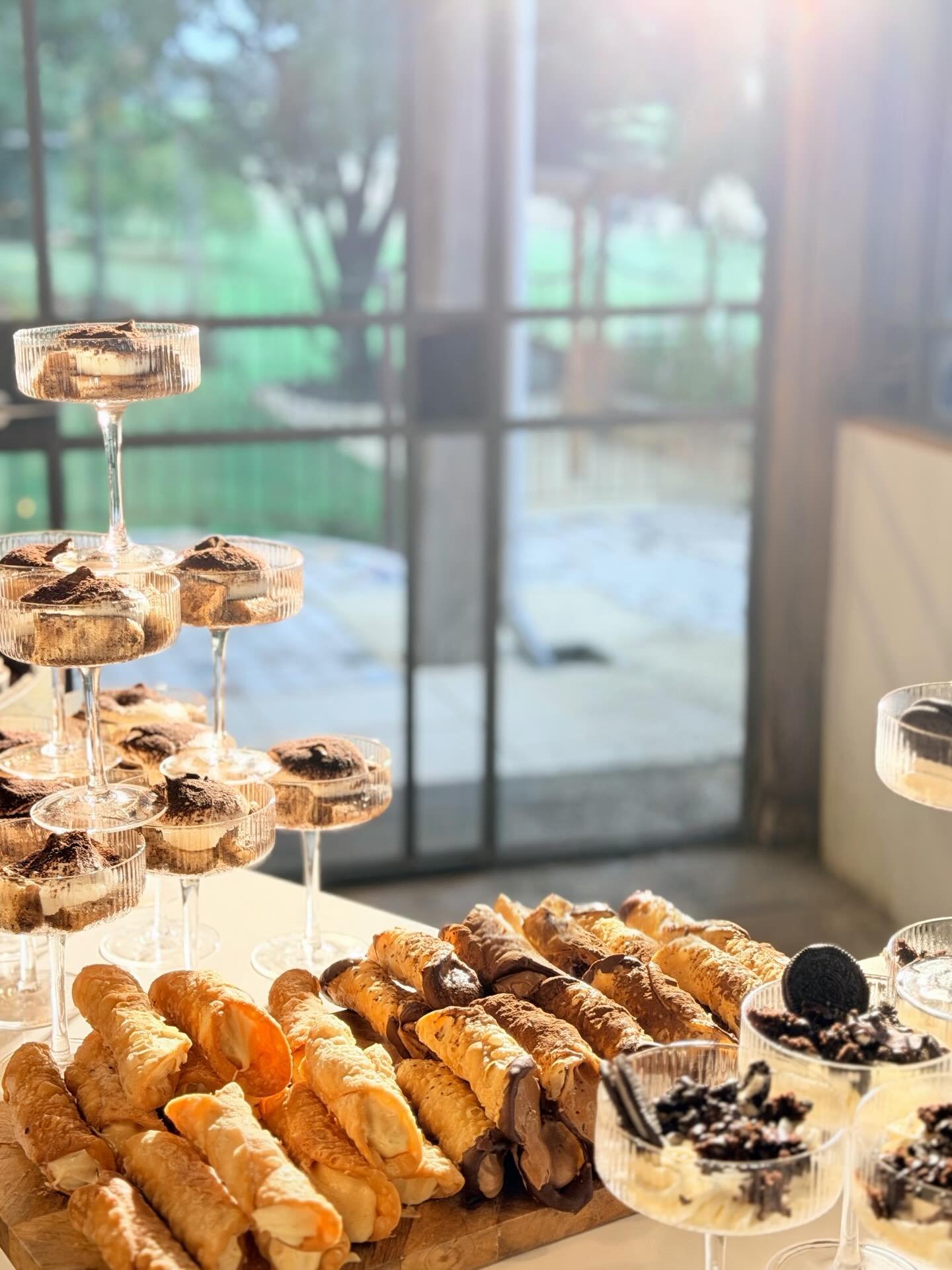 Dessert Spread for Maxwell &amp; Thalia&rsquo;s wedding day! ♡

Chocolate, salted caramel wedding cake 
Chocolate &amp; red velvet cupcakes 
Dark Chocolate &amp; vanilla bean cannoli&rsquo;s 
Oreo cheesecake mousse cup &amp; Tiramisu ♡