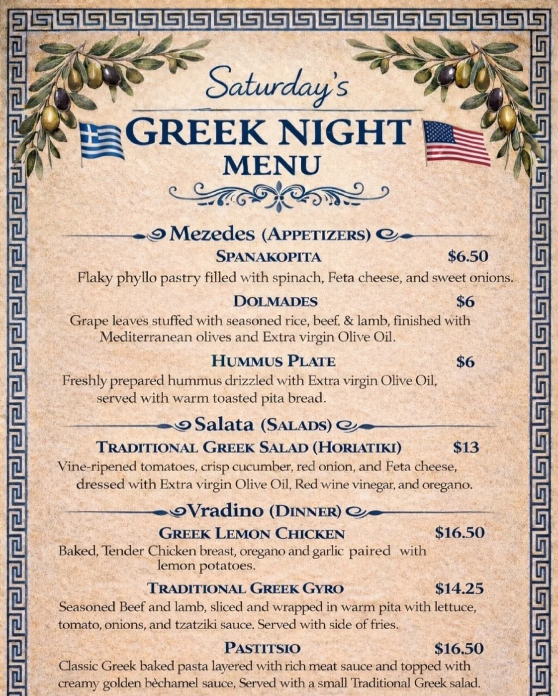 🇬🇷 Come see us Saturday night! 

Starting this Saturday, 4&ndash;8 PM&mdash;enjoy authentic Greek dishes, Greek beer, and traditional Greek music. Check out the menu above and bring your appetite! 

📍 37 Beach St., Westerly, RI

#GreekNight #Weste