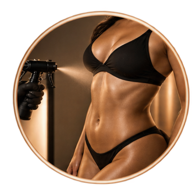 A person in black lingerie being sprayed with a mist from a spray gun.