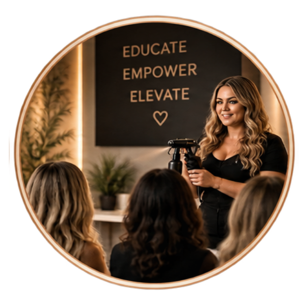 A woman with wavy hair holding a microphone speaks to an audience of women in a classroom or seminar setting, with a blackboard behind her that reads 'Educate, Empower, Elevate' and a small heart symbol.