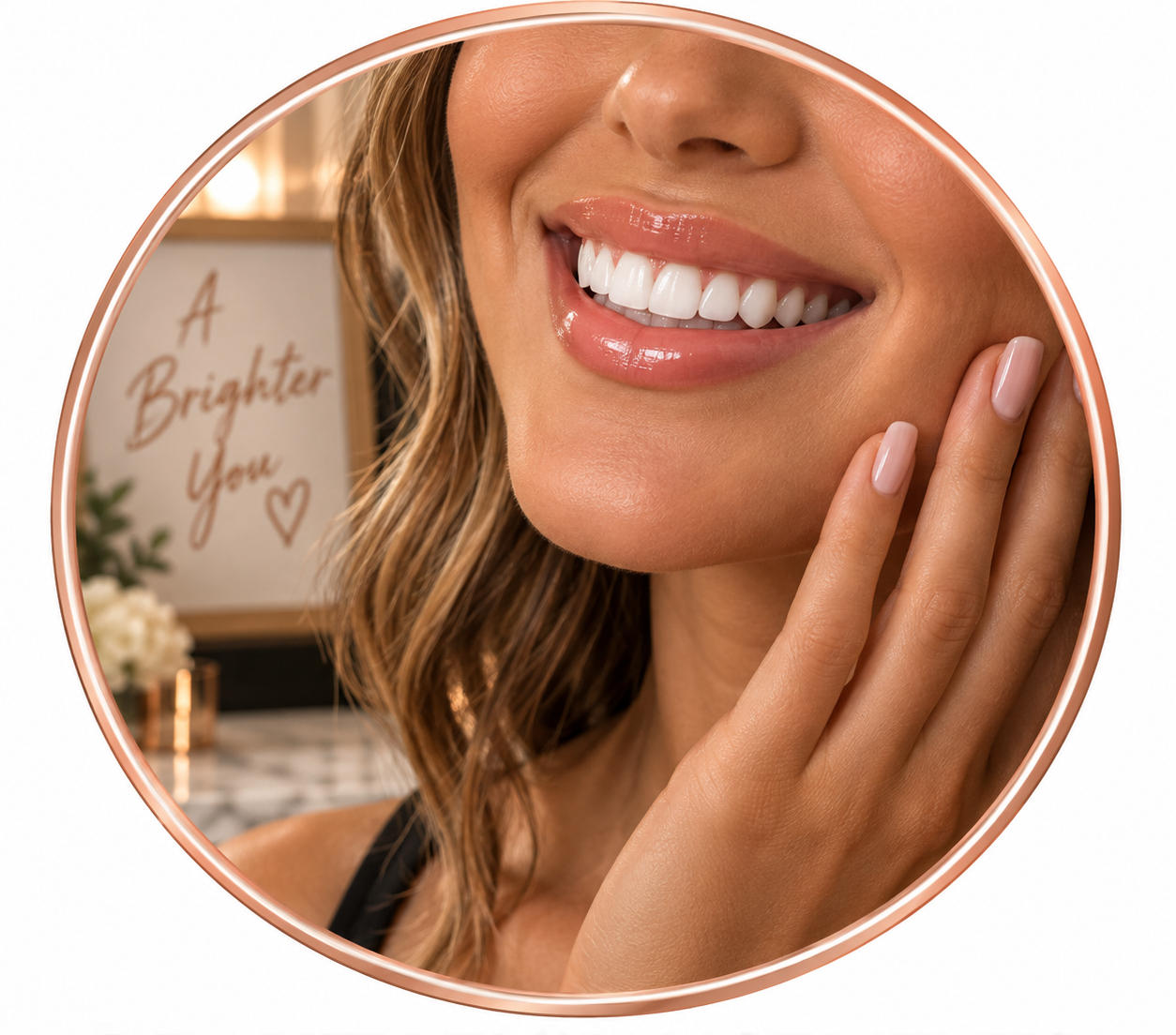 A woman with wavy hair showing her teeth while smiling, with her hand near her face.