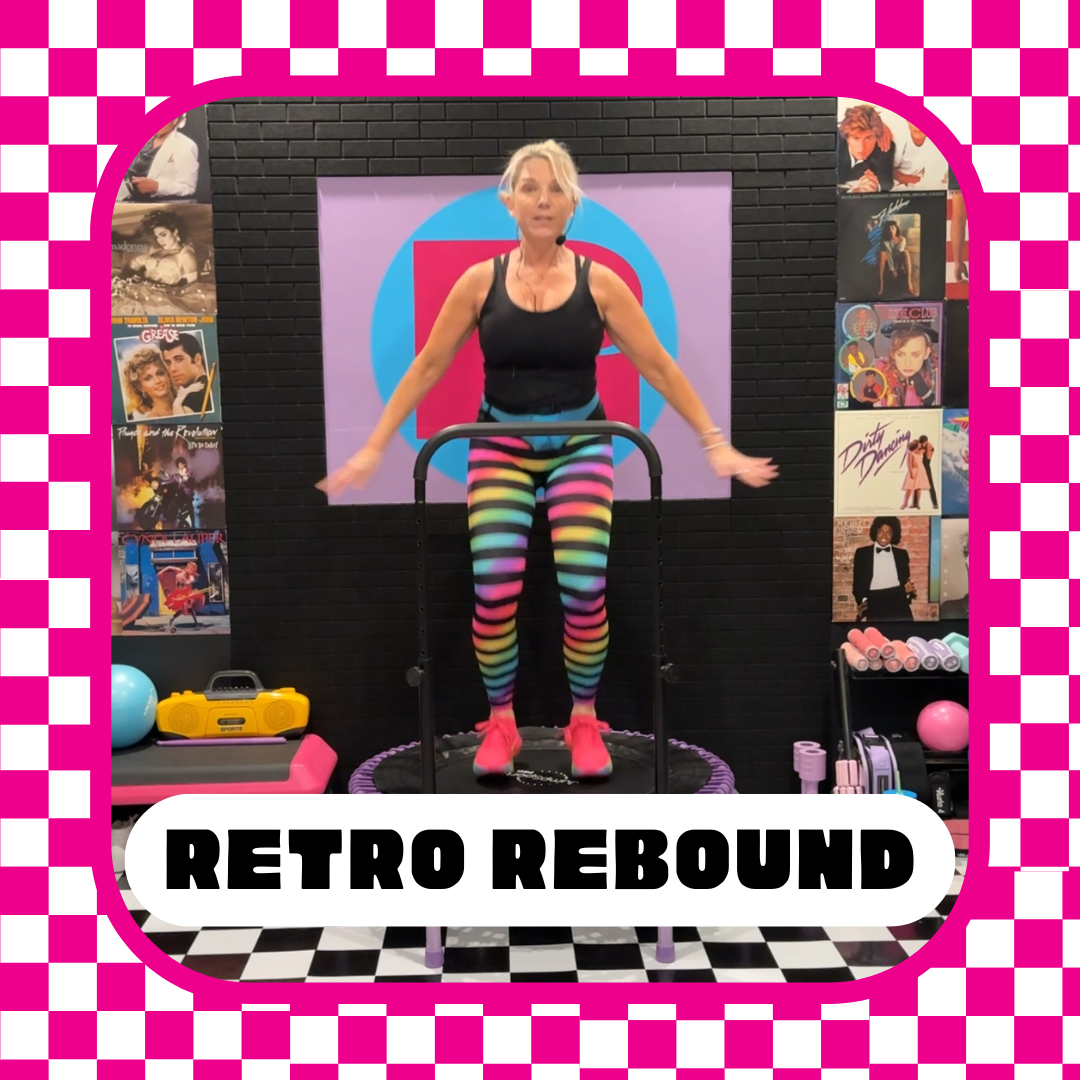 A woman exercising on a mini trampoline in a vibrant workout room with colorful striped leggings and a black tank top. The room features a black brick wall decorated with posters of 80s and 90s movies and TV shows, with a pink and purple checkered border and the words 'Retro Rebound' at the bottom.