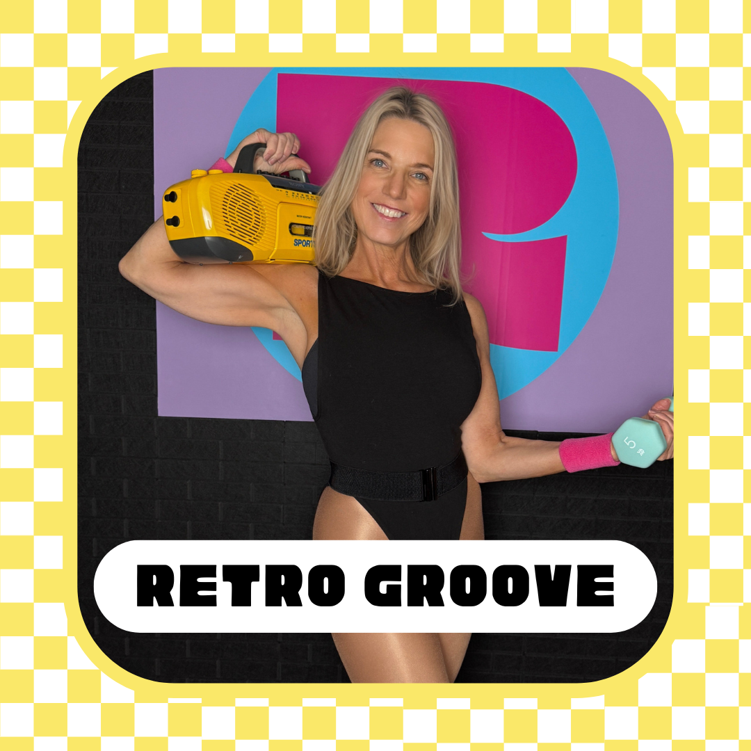 Woman with blonde hair smiling in retro workout outfit holding a yellow portable radio and a light blue dumbbell, standing in front of a purple and pink background with a large colorful logo, surrounded by a yellow checkered border with the text "Retro Groove".