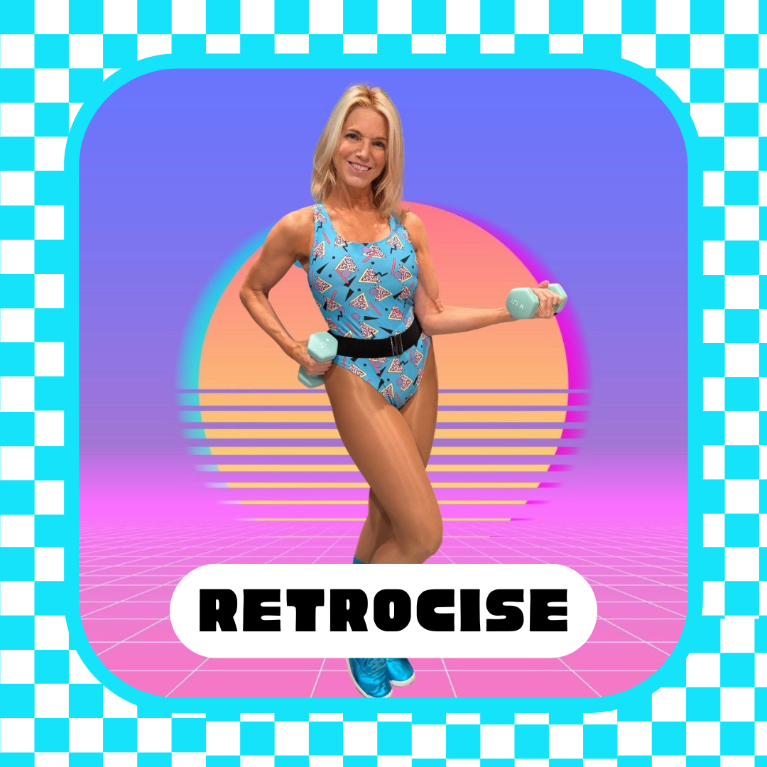 A woman in a retro 80s style workout outfit holds a dumbbell in each hand. She is standing in front of a digital pink and purple sunset background with grid lines, surrounded by a blue and white checkered border. The text 'RETROCISE' is displayed at the bottom.