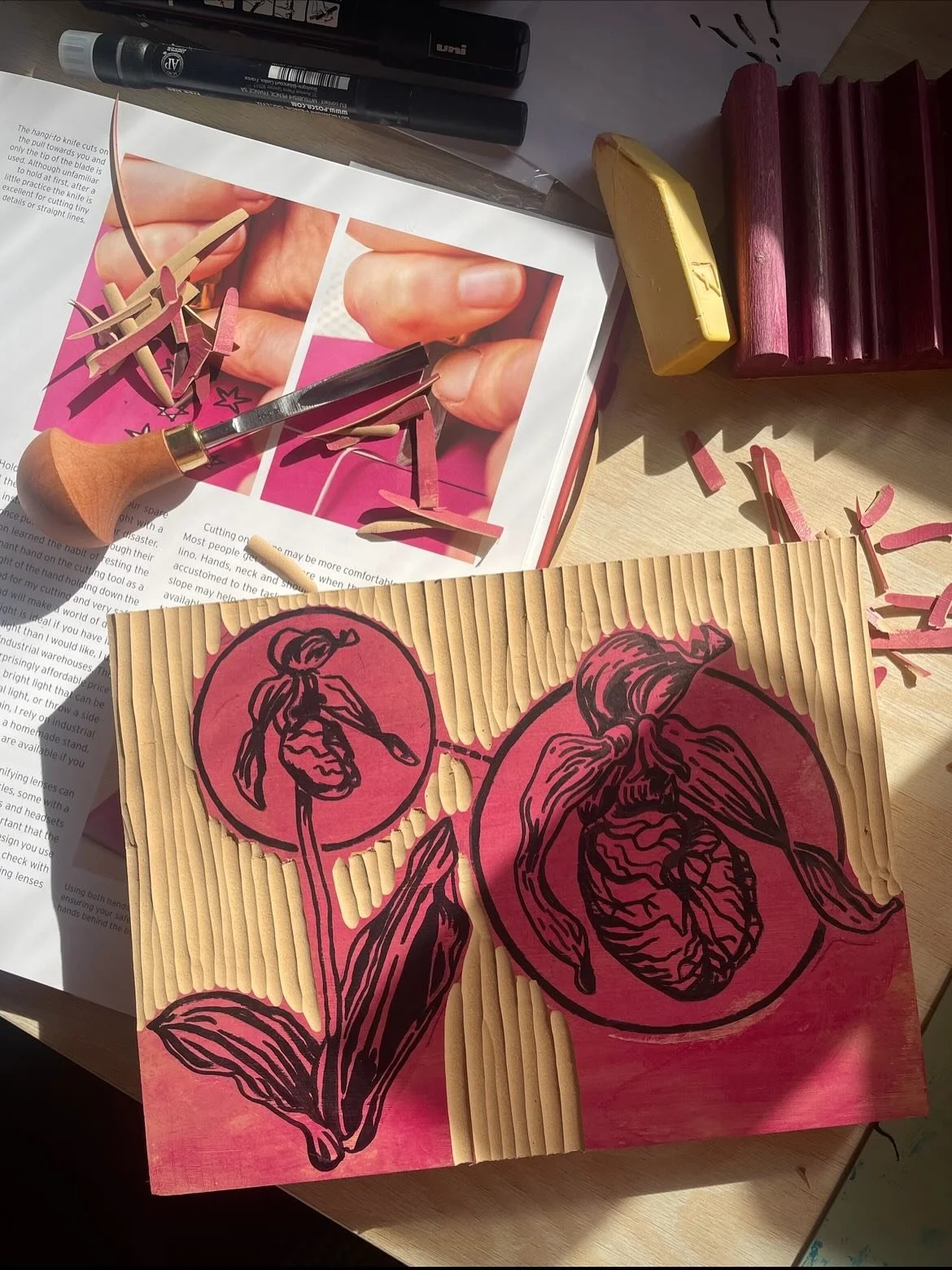Here are some process pics and videos of my current project: a letter press and linoleum print combo depicting a pink lady&rsquo;s slipper orchid. 
&bull;
The print is made using metal type, set one letter at a time, that spells the plant&rsquo;s com