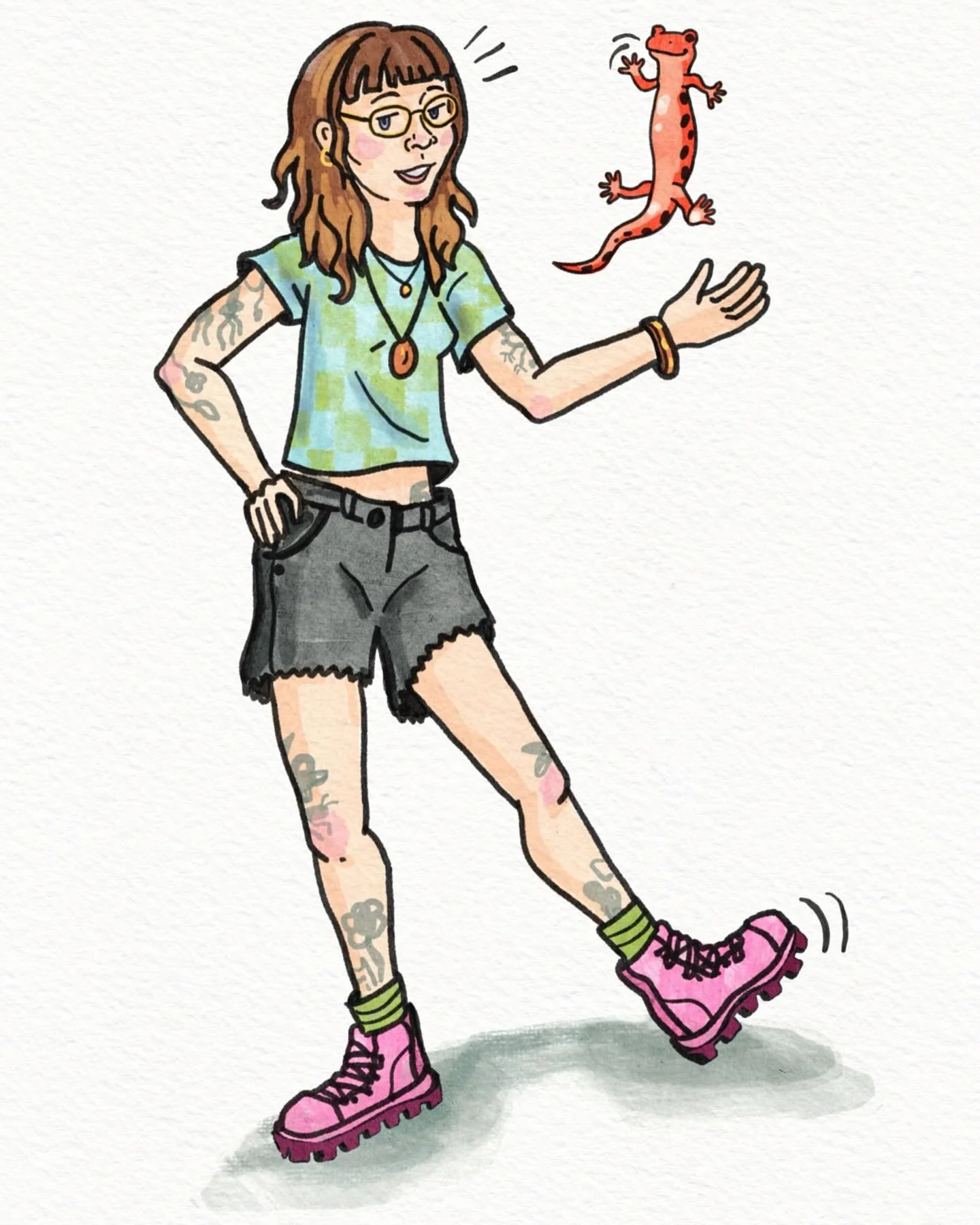 These are a combination of hand drawn and inked and procreate digital painting! :) We have. . . the red salamander, marbled salamander, river otter, blue heron, spring peeper, the American kestrel, and myself (who is allegedly a human). Which artsy a