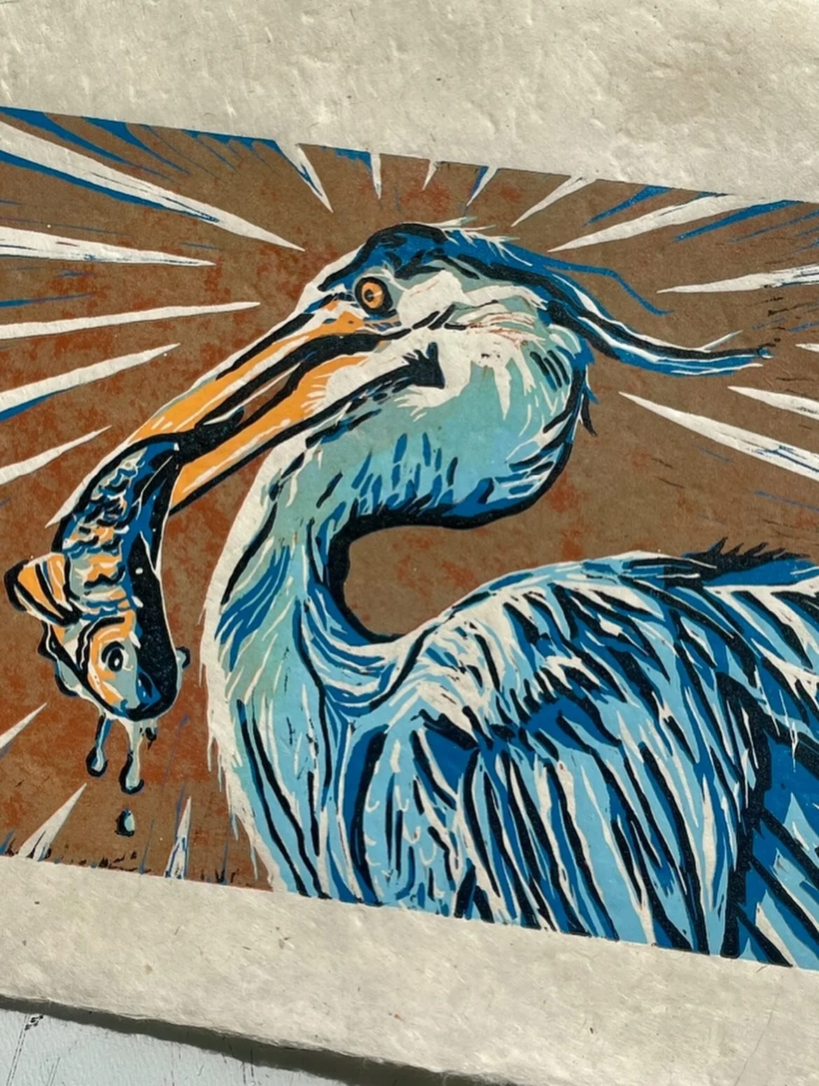 Here are some photos of my recently-finished 5 layer reduction print of a great blue heron on Nepalese Lokta paper :> &ldquo;Catch of the Day&rdquo; 
🌄
People have asked &ldquo;is that a stork?&rdquo; &ldquo;Is that a pelican&rdquo; so what bird 