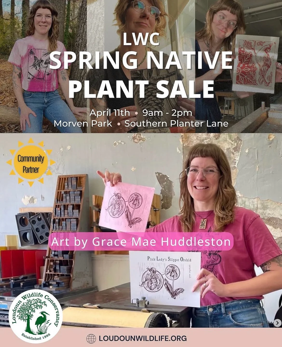 I&rsquo;m excited to be vending with the @loudounwildlife native plant sale this weekend where I&rsquo;ll have some new editions to my print garden including a linocut of a lady slipper orchid printed on paper made with flowers, and a risograph print
