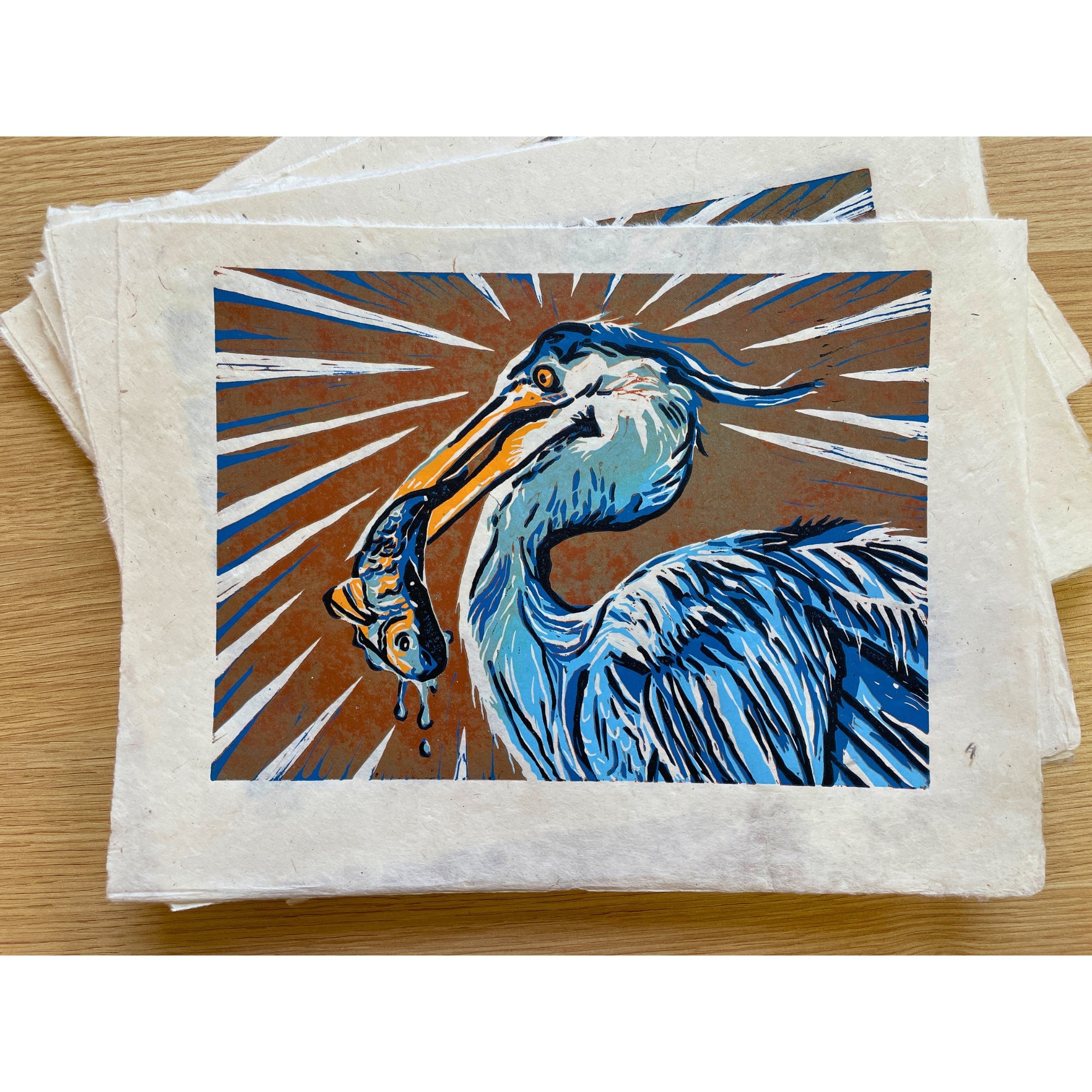 "Catch of the Day" Blue Heron Linocut Relief Print