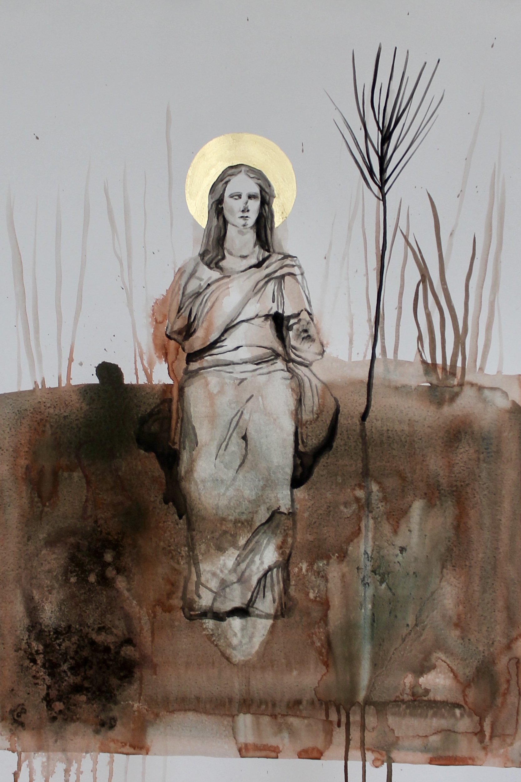 An artistic watercolor painting of a woman with long hair, sitting on a rock, with a golden halo behind her head, and surrounded by minimalistic plants and earthy tones.