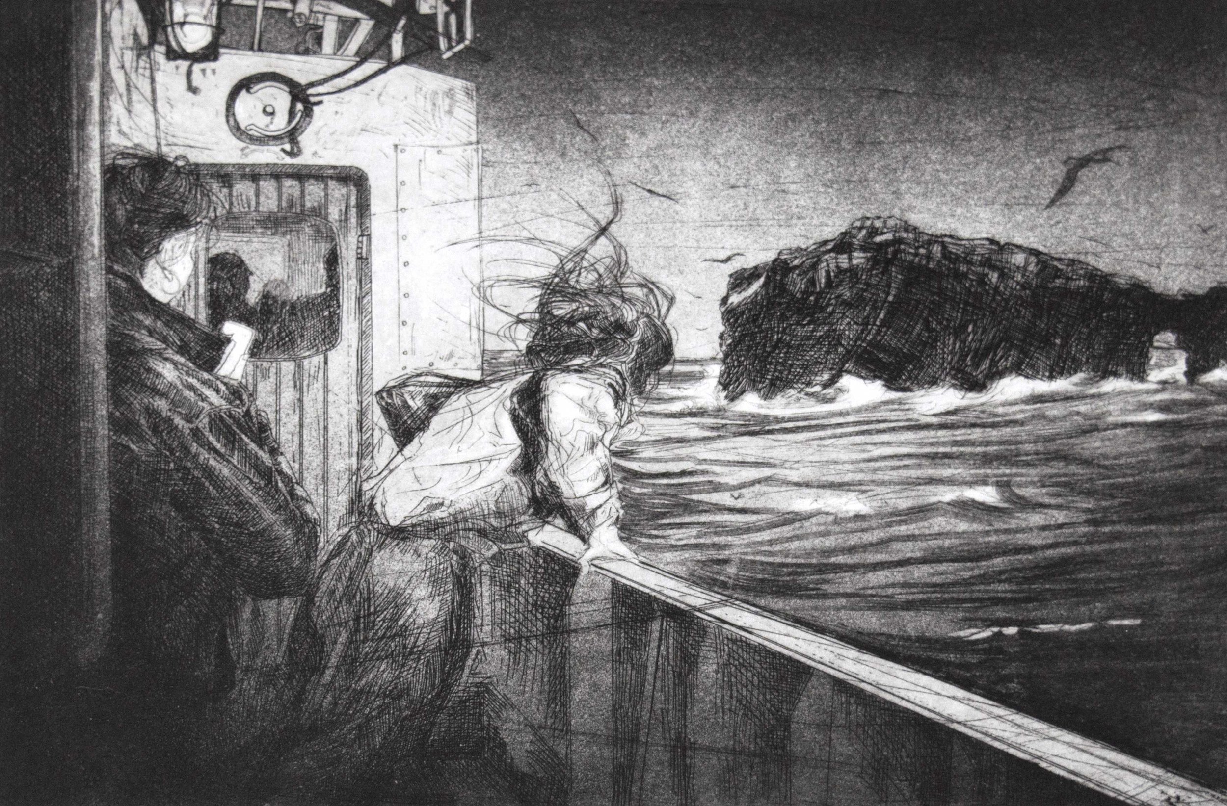 Drawing of two women on a boat or ship, looking out over the ocean toward a rocky island or cliff, with seagulls flying overhead.