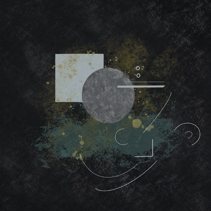 Abstract digital artwork featuring dark background, a gray textured circle, a white square with yellow splatters, and various white geometric lines and shapes.