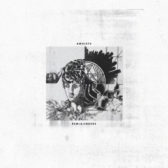 Black and white collage artwork featuring a classical statue's face with botanical elements, mechanical parts, and technical diagrams, with text "AMULETS REM(-)INDERS".
