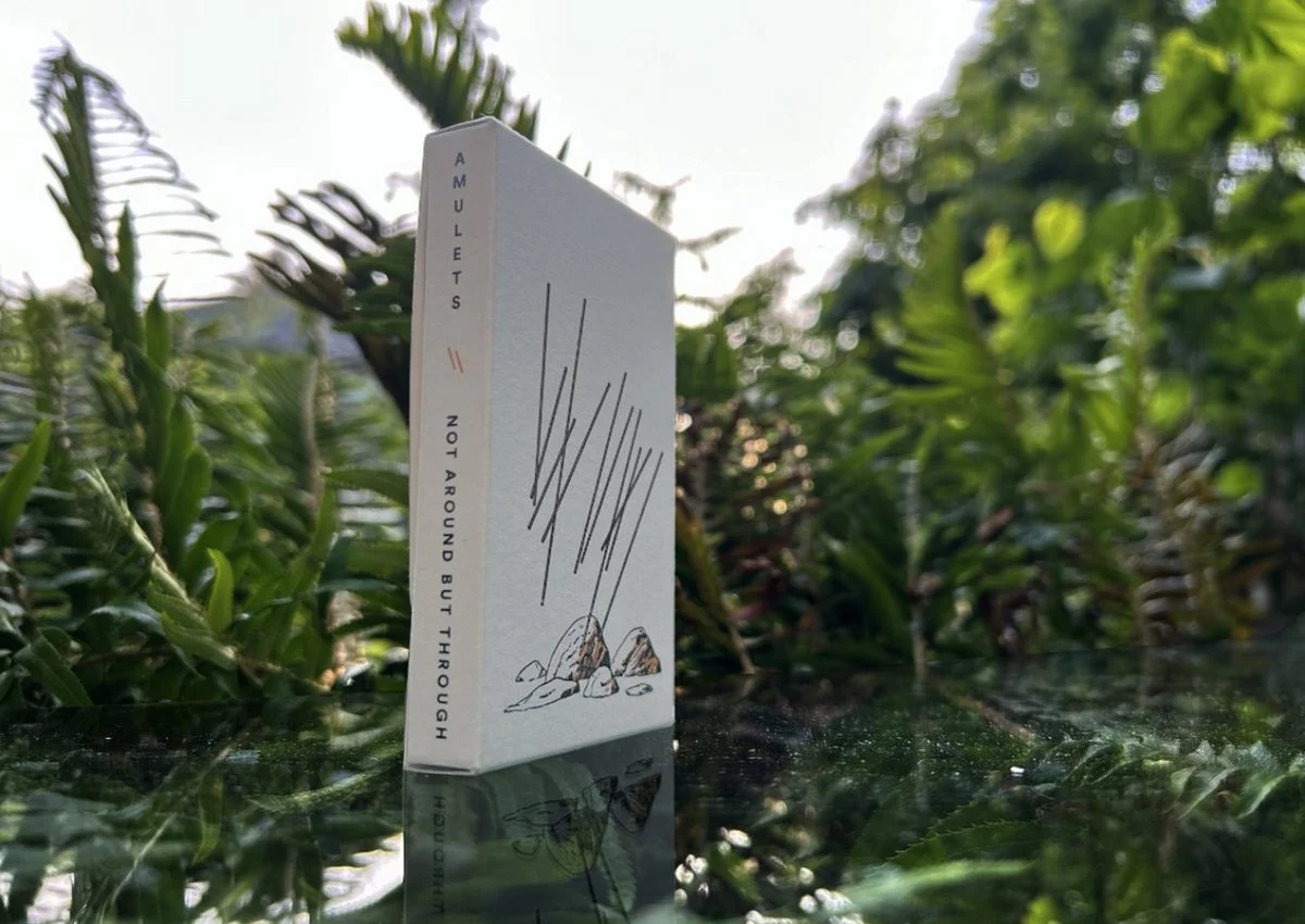 A cassette tape case labeled "Amulets" with the subtitle "Not Around But Through" stands on a reflective surface, surrounded by green plants, with sunlight in the background.
