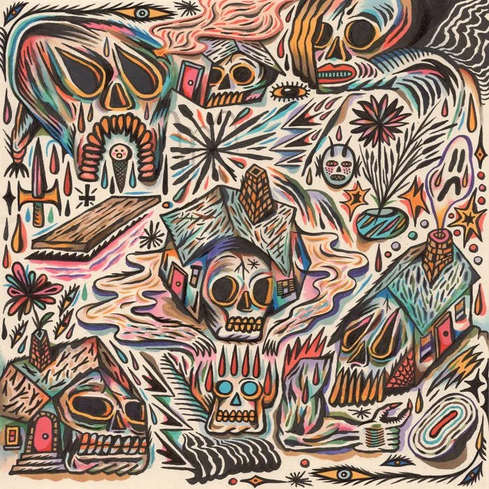 A colorful abstract artwork featuring various skulls, houses, and eye motifs, with swirling patterns, flames, and plant-like elements.
