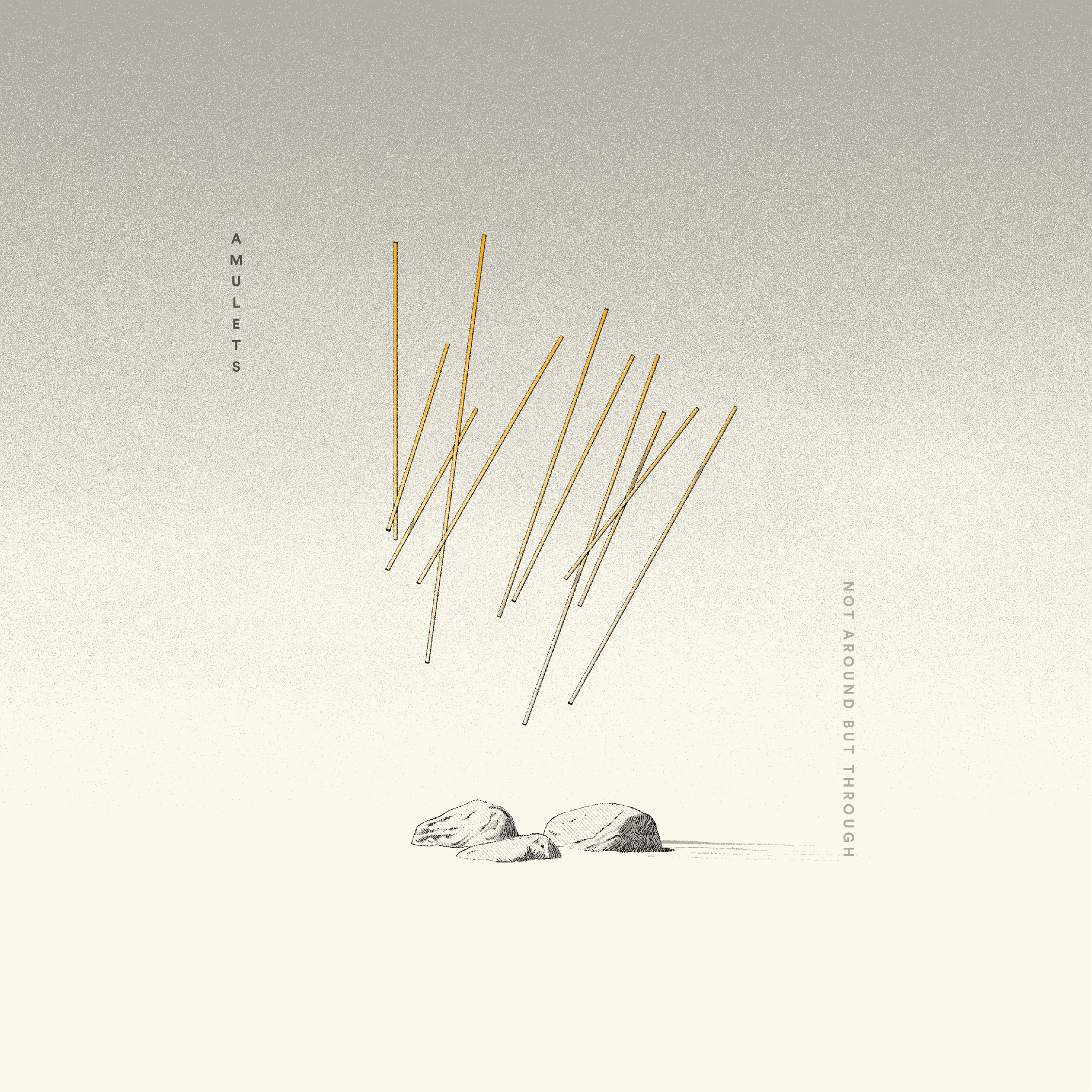 A minimalist black and white illustration featuring a rat and rocks at the bottom. The background is textured gray, with vertical orange lines near the top. The word 'AMULETS' is written vertically on the left side, and text reading 'NOT AROUND BUT THROUGH GROUND' is aligned vertically on the right side.