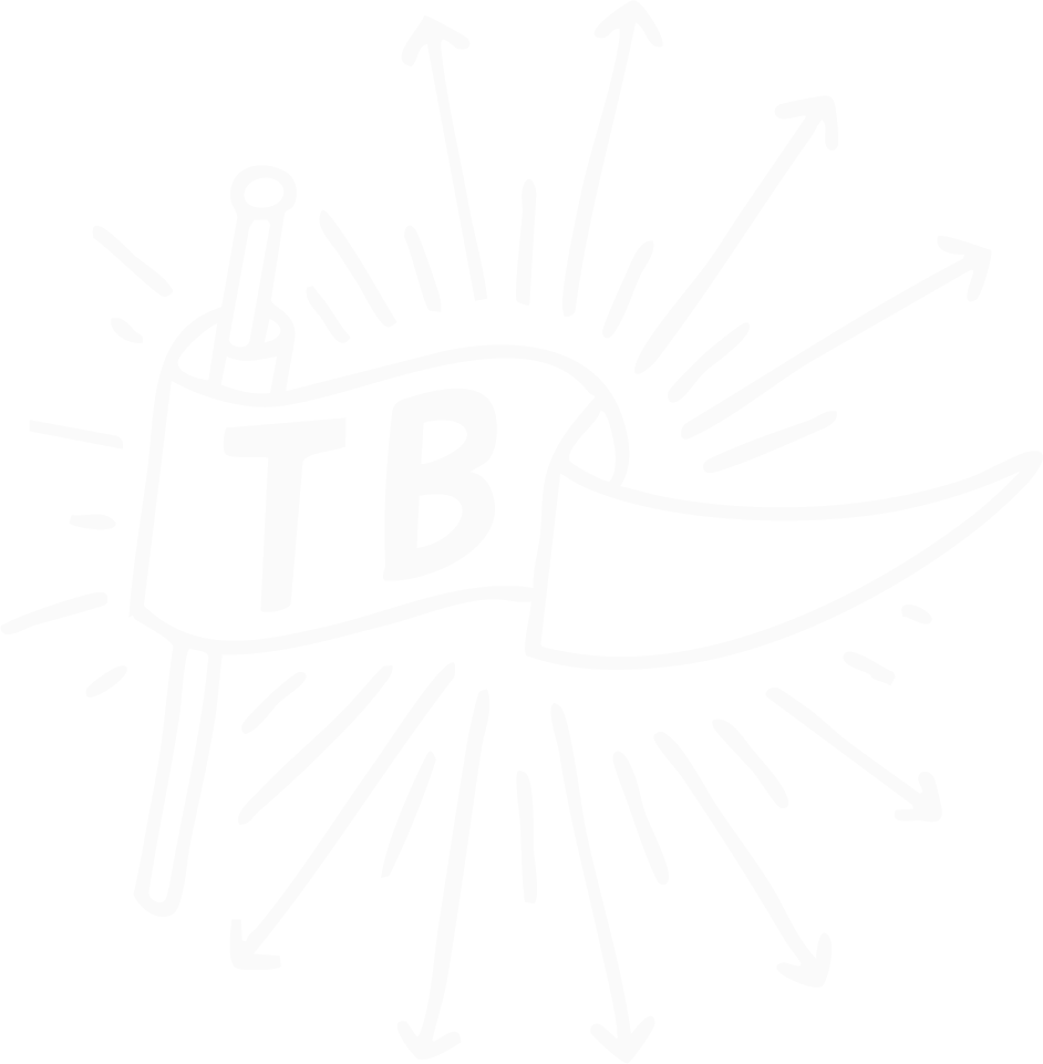 Illustration of a firework with the letters 'TB' on a ribbon banner, surrounded by radiating lines and arrows on a black background.