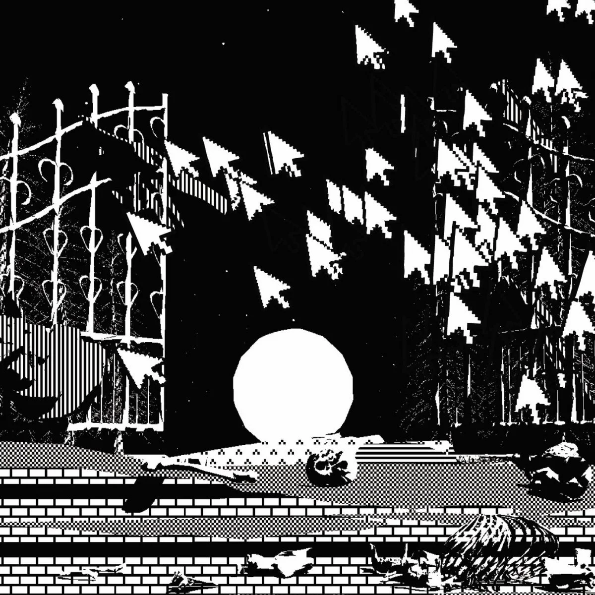 Black and white pixelated graphic with a fence, desktop cursors, and stairs.