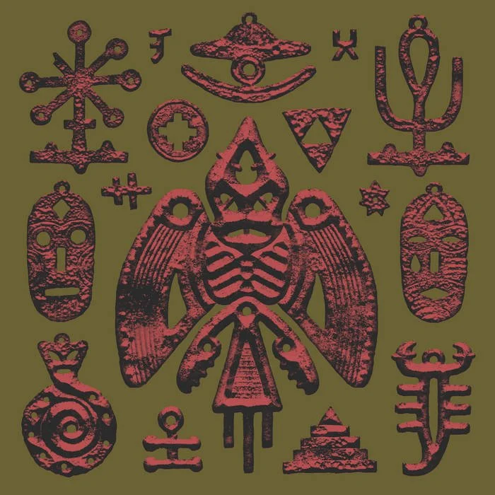Collection of archaeological symbols and artifacts in pink against a green background, including masks, insects, geometric shapes, and abstract designs.