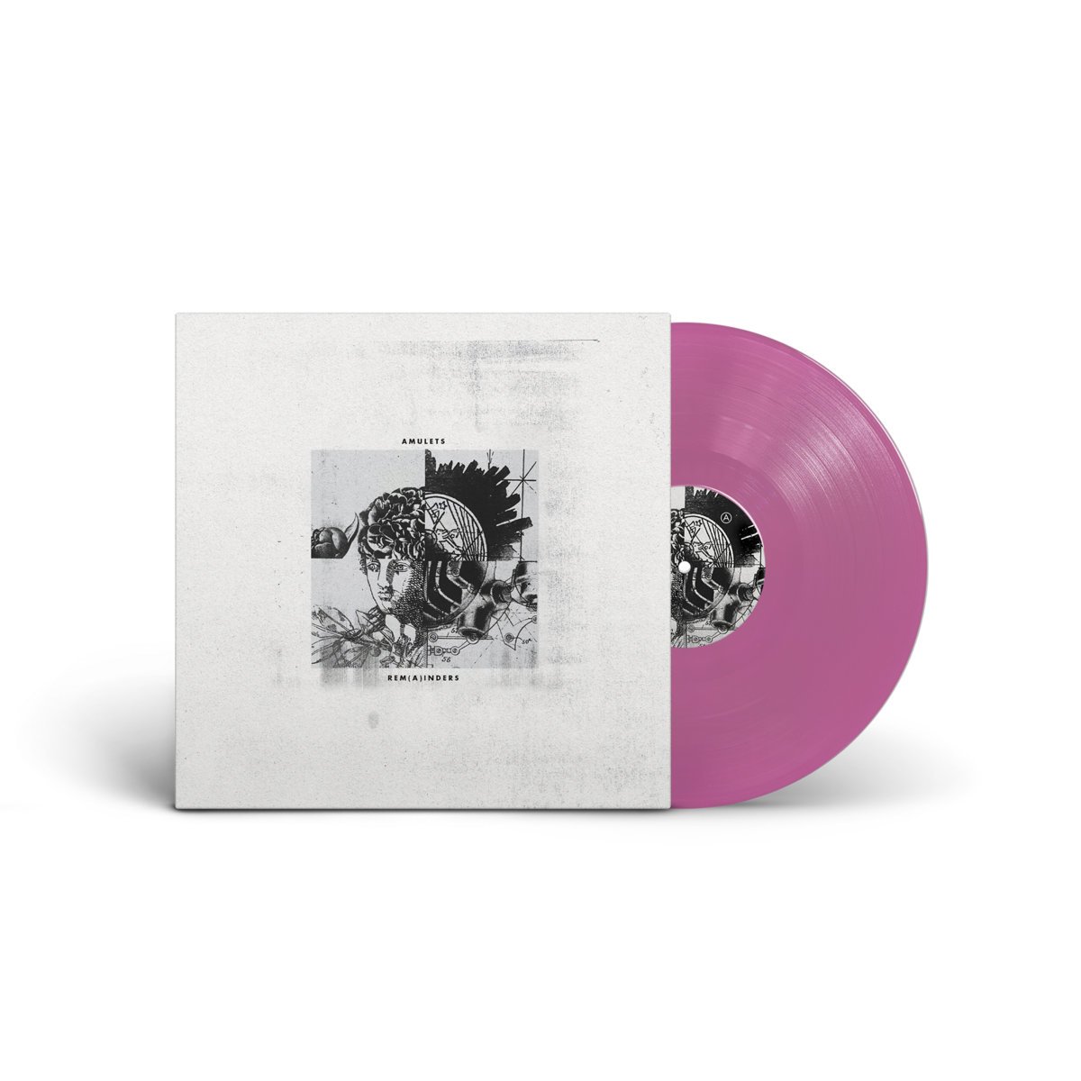 Music album with a pink vinyl record and white cover featuring a black and white collage-style illustration of a face.