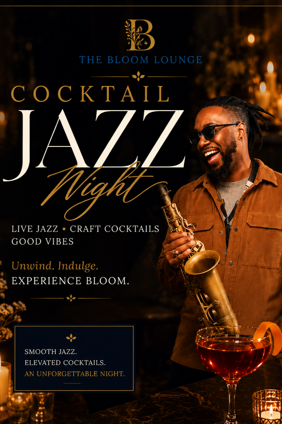 Promotional poster for a Friday night Jazz and cocktail event. Features a dark background with a silhouette of jazz musicians playing instruments. Foreground includes a cocktail glass with an orange peel garnish on a marble table, illuminated by a candle.