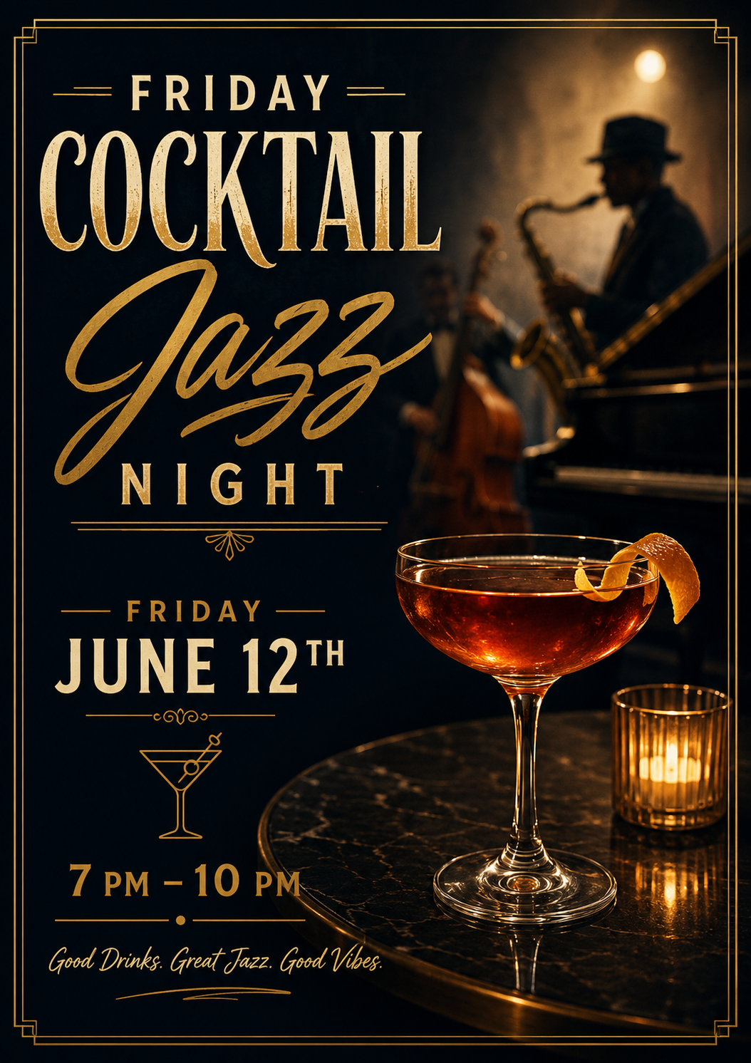 Promotional poster for a Friday night Jazz and cocktail event. Features a dark background with a silhouette of jazz musicians playing instruments. Foreground includes a cocktail glass with an orange peel garnish on a marble table, illuminated by a candle.