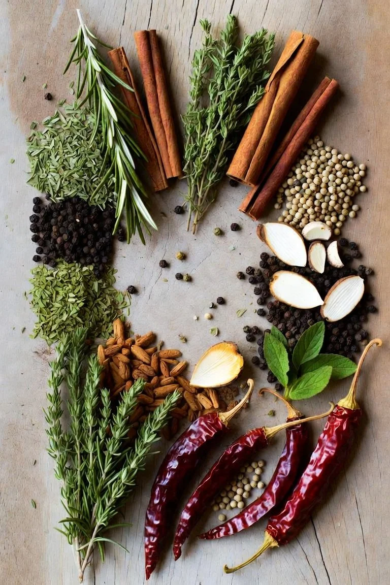 "Fresh sprigs of rosemary, whole cinnamon sticks, dried red peppers, and organic spices on a rustic wooden surface at The Center for Life Apothecary."