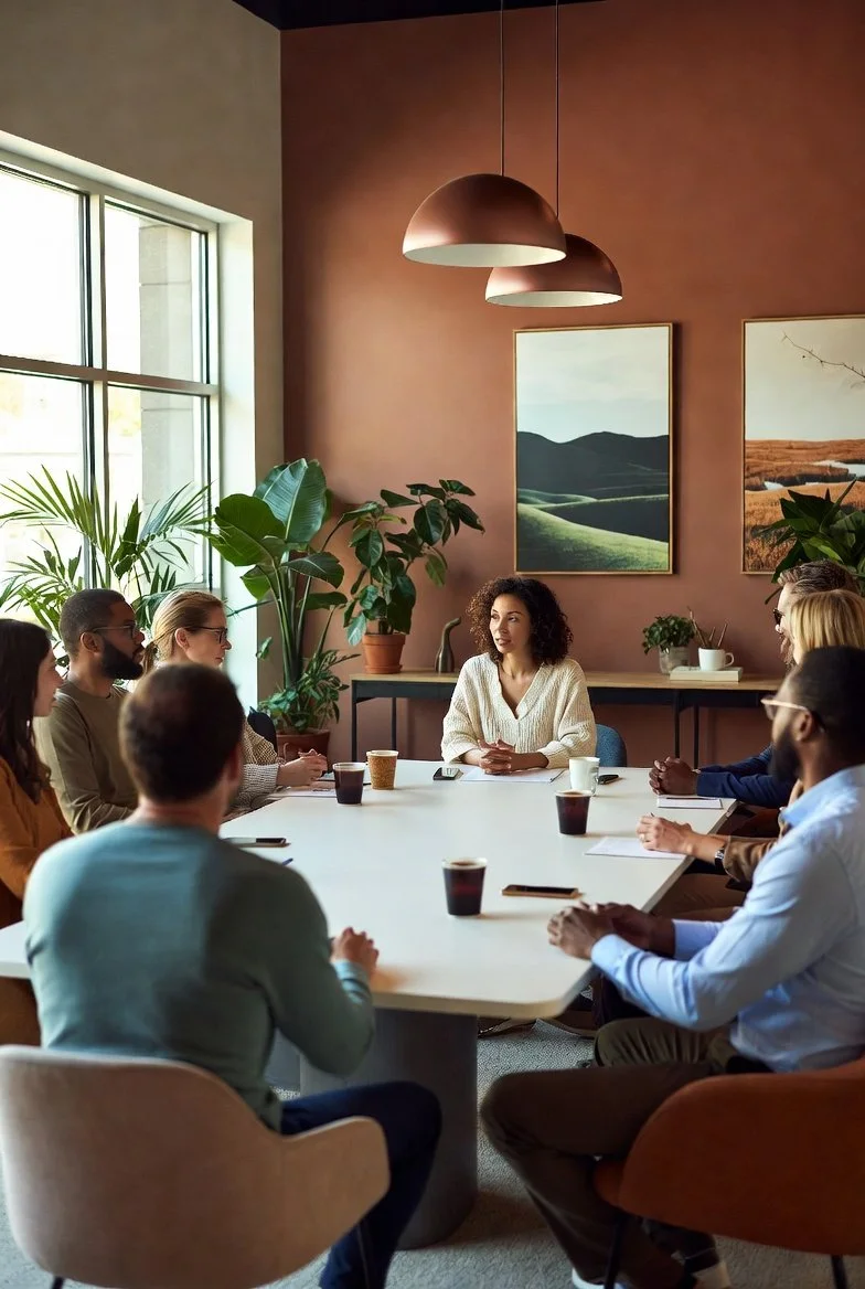 "A diverse team of behavioral health professionals collaborating in a sunlit office at The Center for Life in Richmond, VA. Join our team of counselors and therapists."