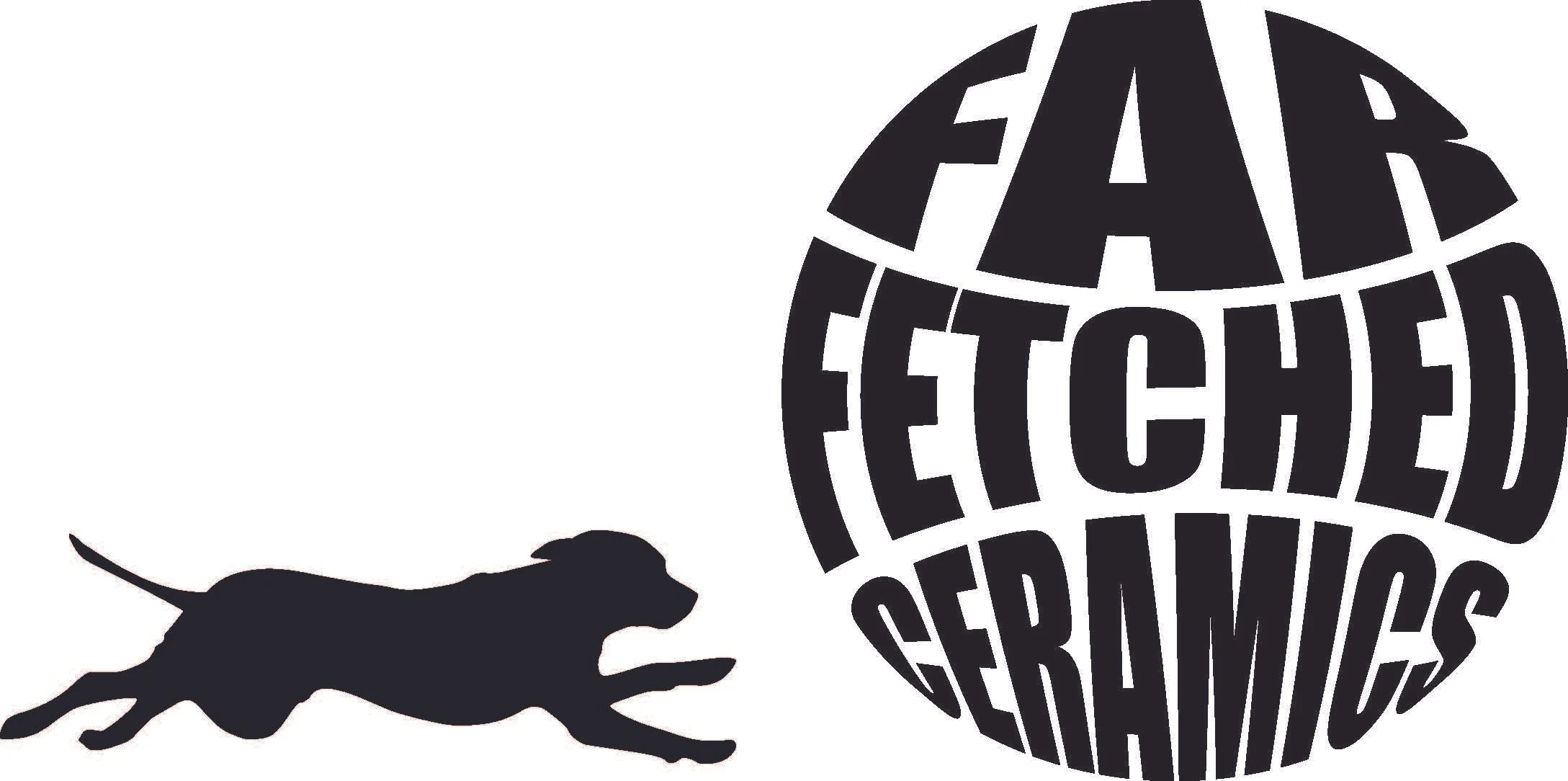 A black silhouette of a dog and a globe with the text 'FAR' and 'FETCHED' in large, bold, black letters.