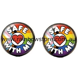 Safe With Me Round Stud Earrings With Red Heart Gay Pride