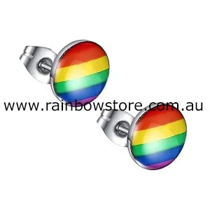 Rainbow Pride Round Silver Tone Stud Earrings Gay Pride