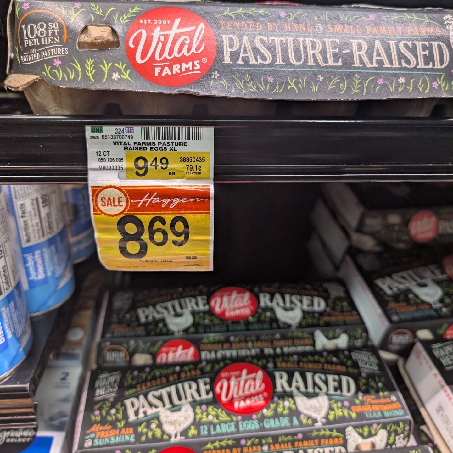 While I was at a grocer during my day job today I did a little bit of comparative shopping.

Vital farms pasture raised eggs are on sale at just under $9/dz. haggen brand cage-free eggs are $13.99 a dozen. 

Both of these farms come from very large p