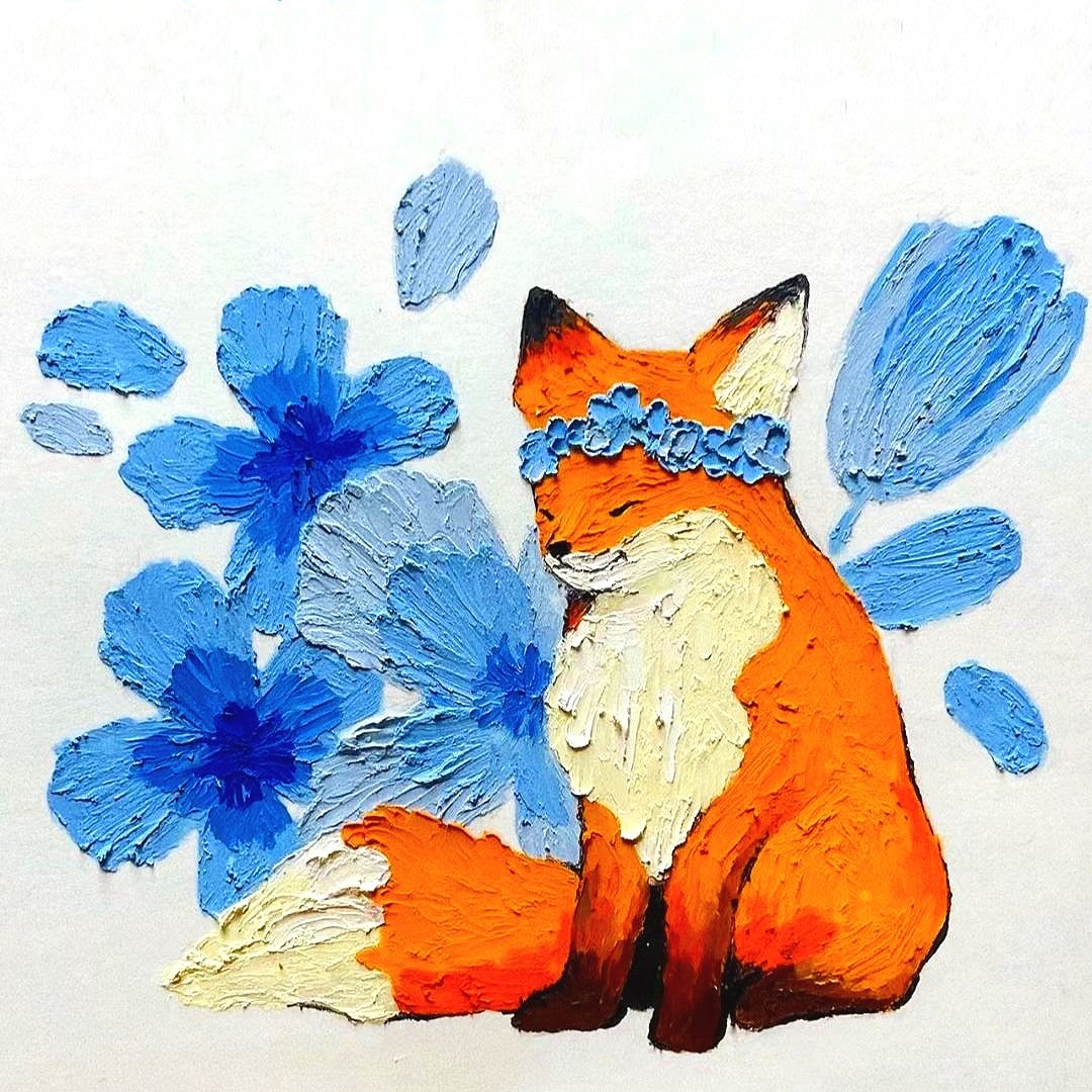 Colorful painting of an orange fox wearing a blue flower crown surrounded by blue flowers.