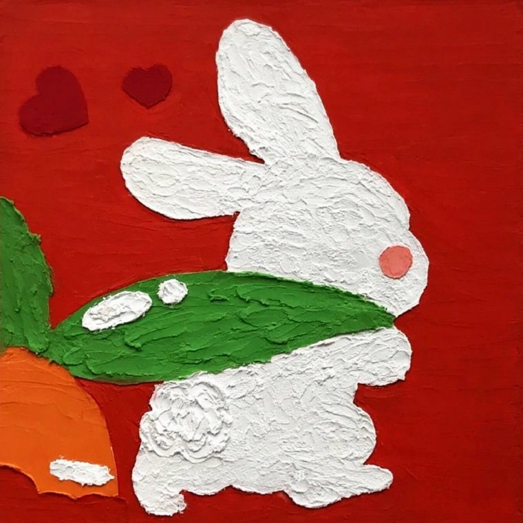 Textured painting of a white rabbit with pink ears holding a carrot on a red background with small hearts.