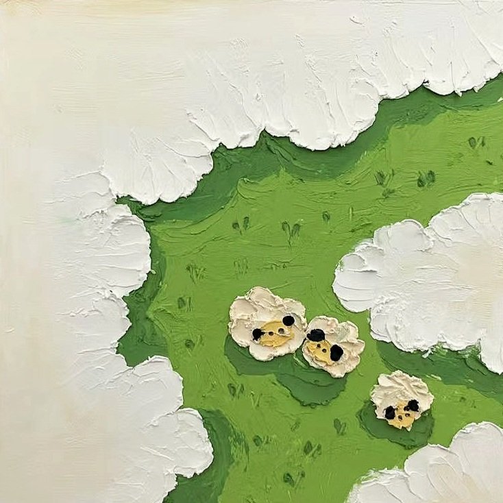 Abstract painting with white clouds and green landscape, featuring sheep-like figures with black faces in the center.