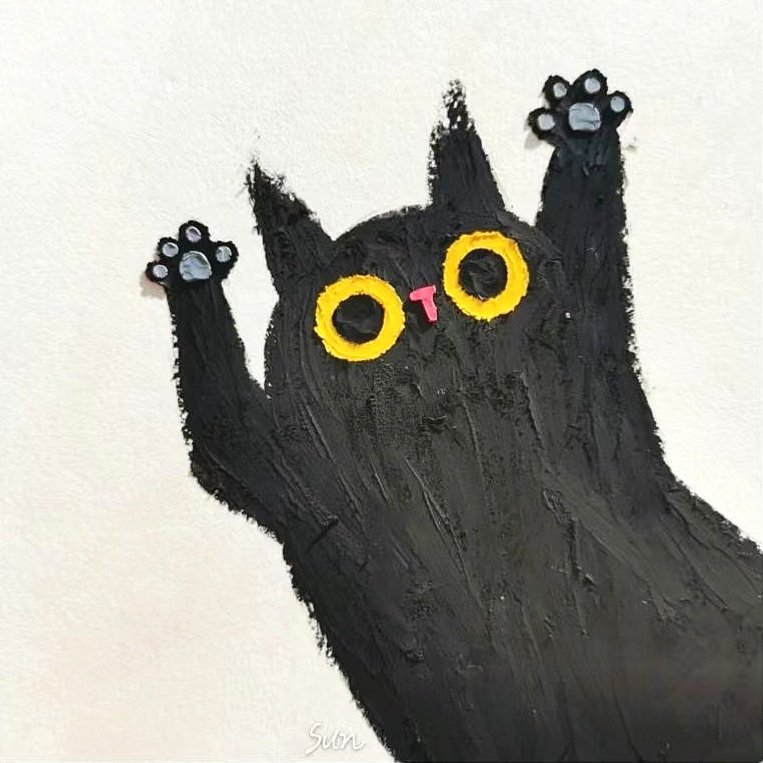 Painting of a black cat with yellow eyes and raised paws