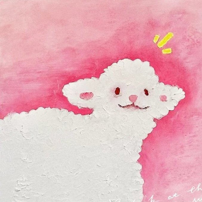 Abstract painting of a white fluffy sheep against a pink background.