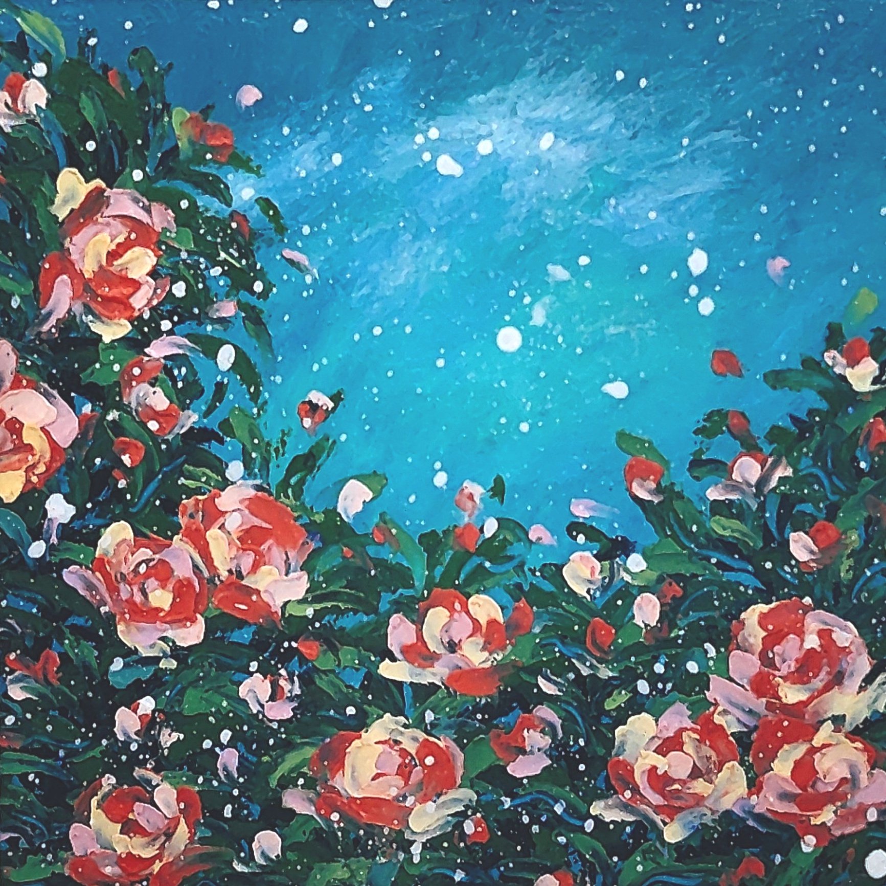 Painting of pink roses and green leaves against a starry blue sky