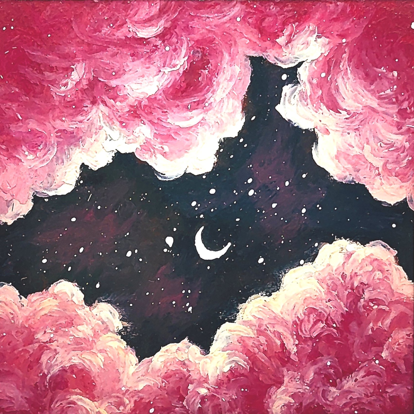 Artwork depicting a crescent moon and stars in a night sky, surrounded by pink fluffy clouds.