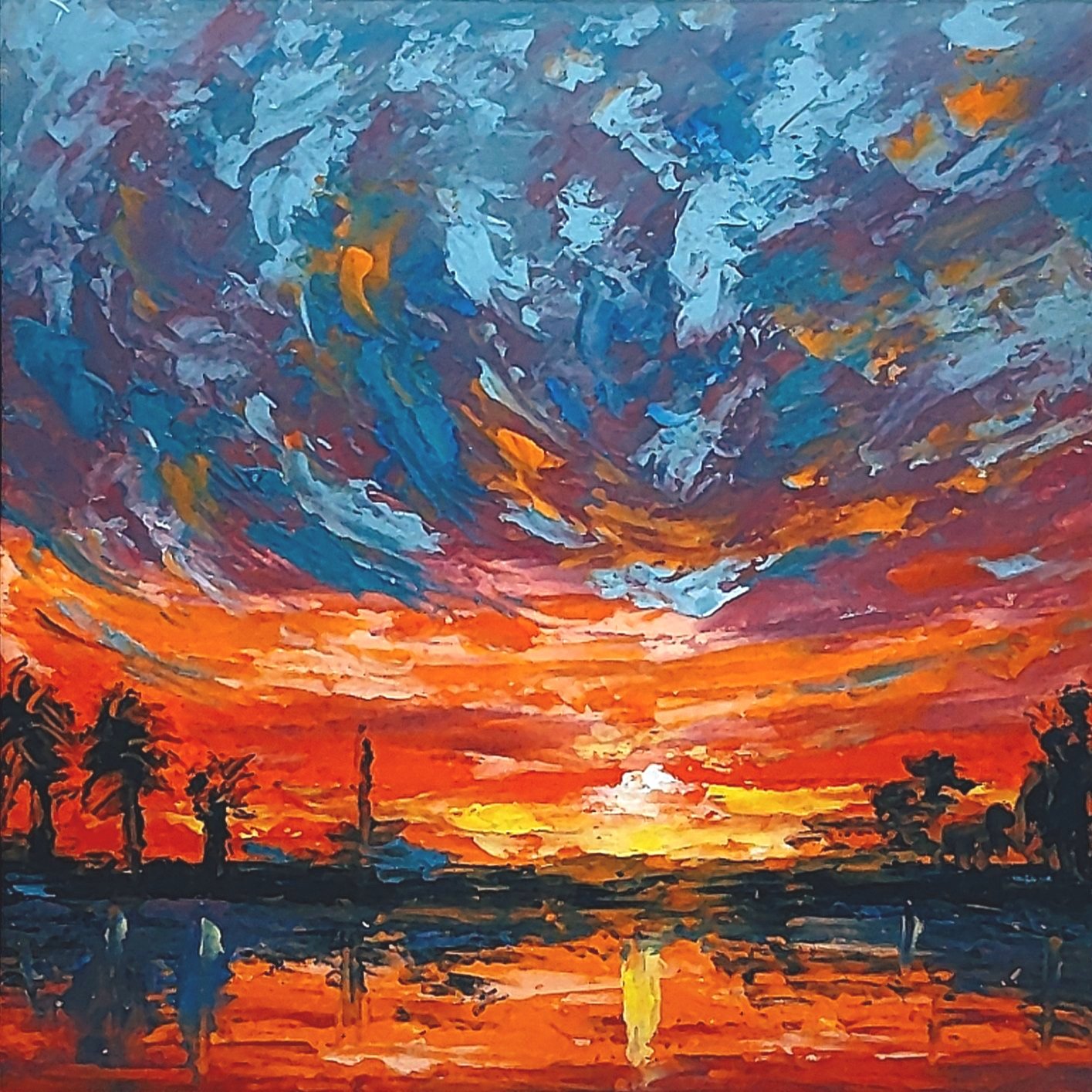Colorful abstract painting of sunset with vivid sky and silhouetted trees reflected in water.