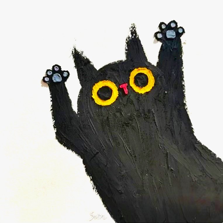 Illustration of a black cat with bright yellow eyes and raised paws, set against a white background.