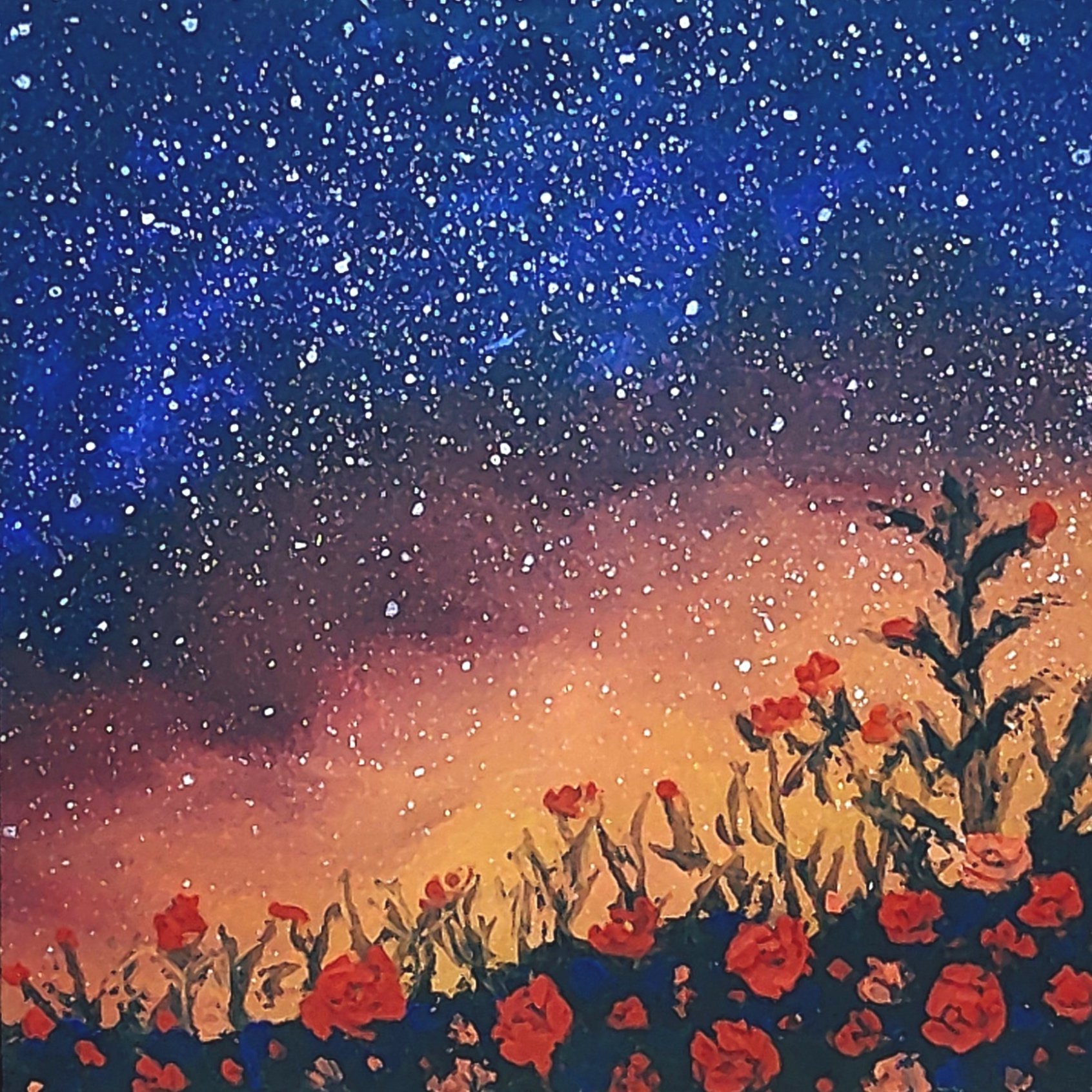 Starry night sky with red flowers in foreground