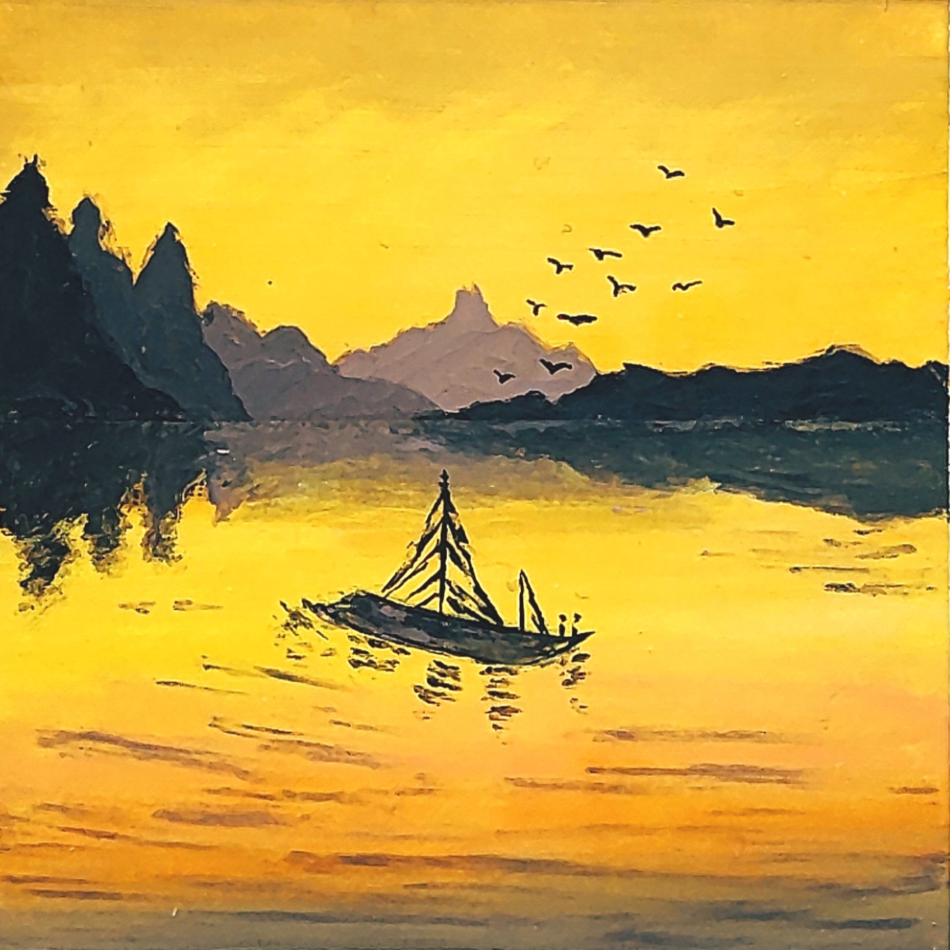 Painting of a boat on a tranquil lake at sunset, with mountains and birds in the background.